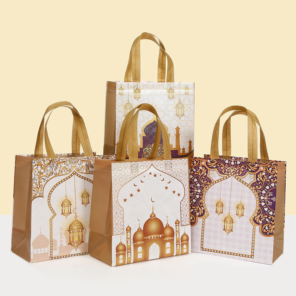Event Party Shop - ถุงของขวัญธีมอีดมูบาร็อค 6 ชิ้น ทำจากผ้าไม่ถักทอ ลายพระจันทร์สีทองและปราสาท สำหรับเทศกาลรอมฎอน