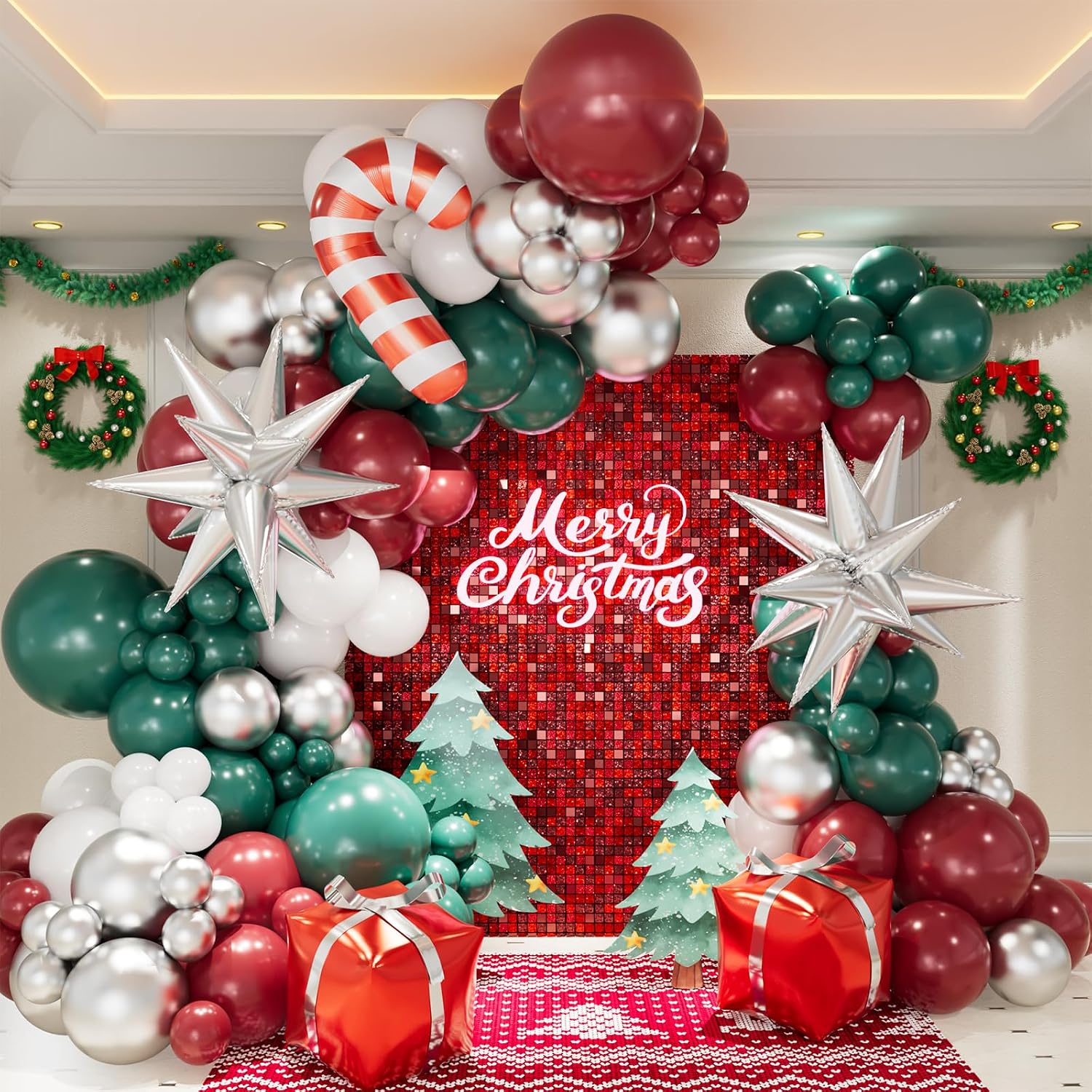 Balloon Arch Kit - ชุดตกแต่งซุ้มลูกโป่งคริสต์มาสพร้อมลูกโป่งสีแดง เขียว ขาว เงิน ลูกโป่งลายไม้เท้าหวาน ลูกโป่งดาวระเบิดสีเงิน