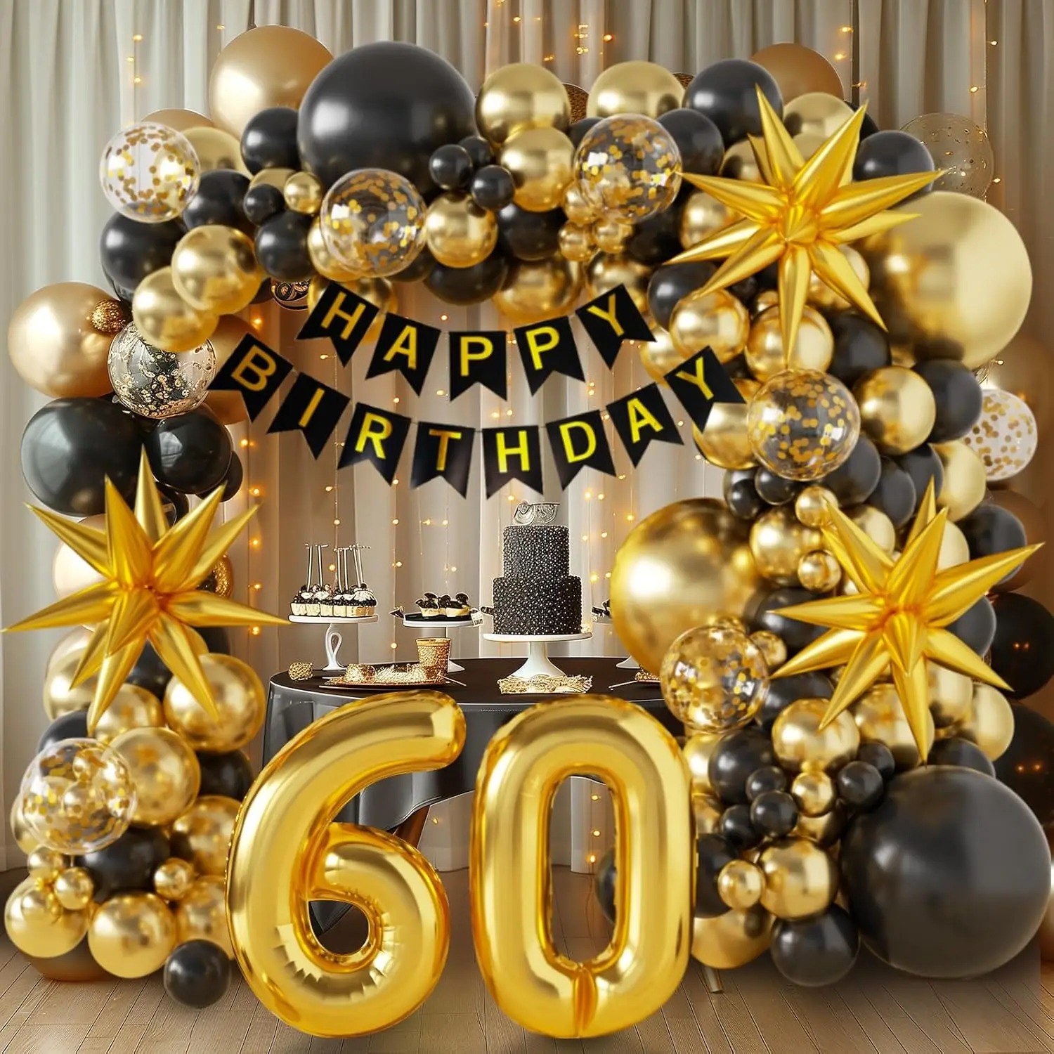 Party Banner Gold - ชุดตกแต่งวันเกิดครบรอบ 40/50/60 ปี, ชุดซุ้มลูกโป่งสีดำทอง, ลูกโป่งฟอยล์รูปดาว, แบนเนอร์สุขสันต์วันเกิดสำหรับงานฉลองครบรอบ