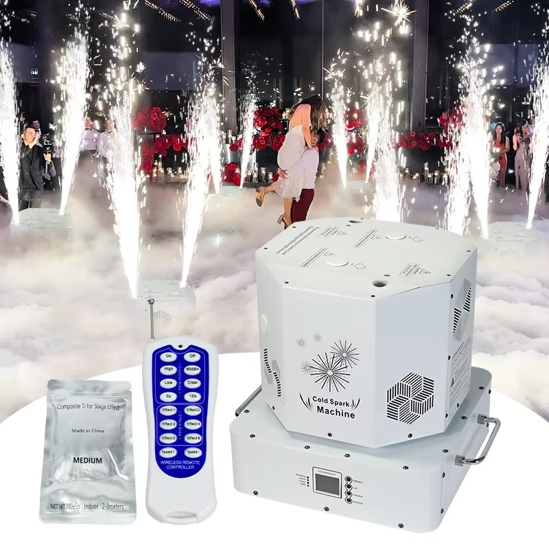 Event Party Dj - เครื่องสร้างประกายไฟเย็นแบบไร้สาย DMX หัวคู่หมุนได้ สำหรับงานอีเว้นท์ ปาร์ตี้ เวที