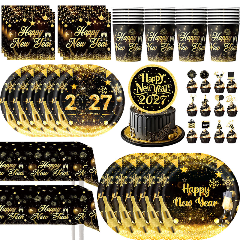 Party Banner Gold - ชุดตกแต่งงานปาร์ตี้ปีใหม่ 2027 สีดำทอง ประกอบด้วยจาน แก้ว ผ้าปูโต๊ะ