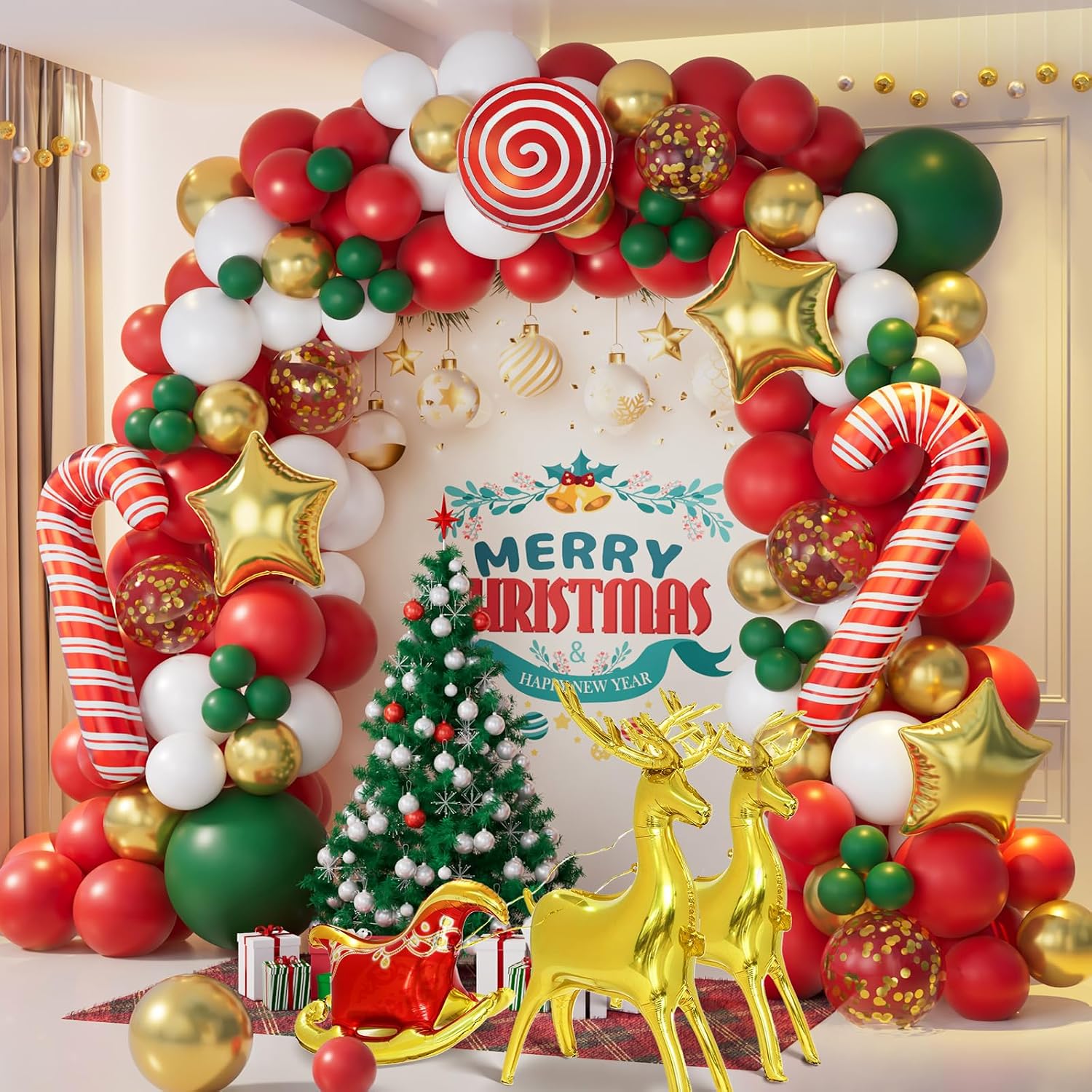 Balloon Arch Kit - AobkDeco ชุดอุปกรณ์ตกแต่งซุ้มลูกโป่งคริสต์มาส 138 ชิ้น พร้อมลูกโป่งสีแดง เขียว