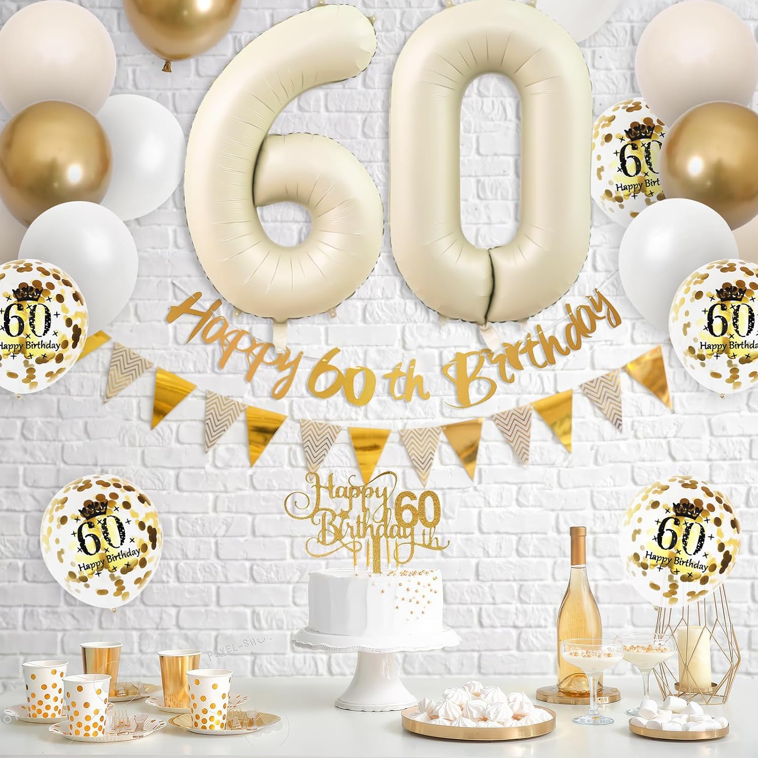 Party Banner Gold - ของตกแต่งวันเกิดครบรอบ 60 ปี สีทรายขาวทอง ลูกโป่งวันเกิดครบรอบ 60