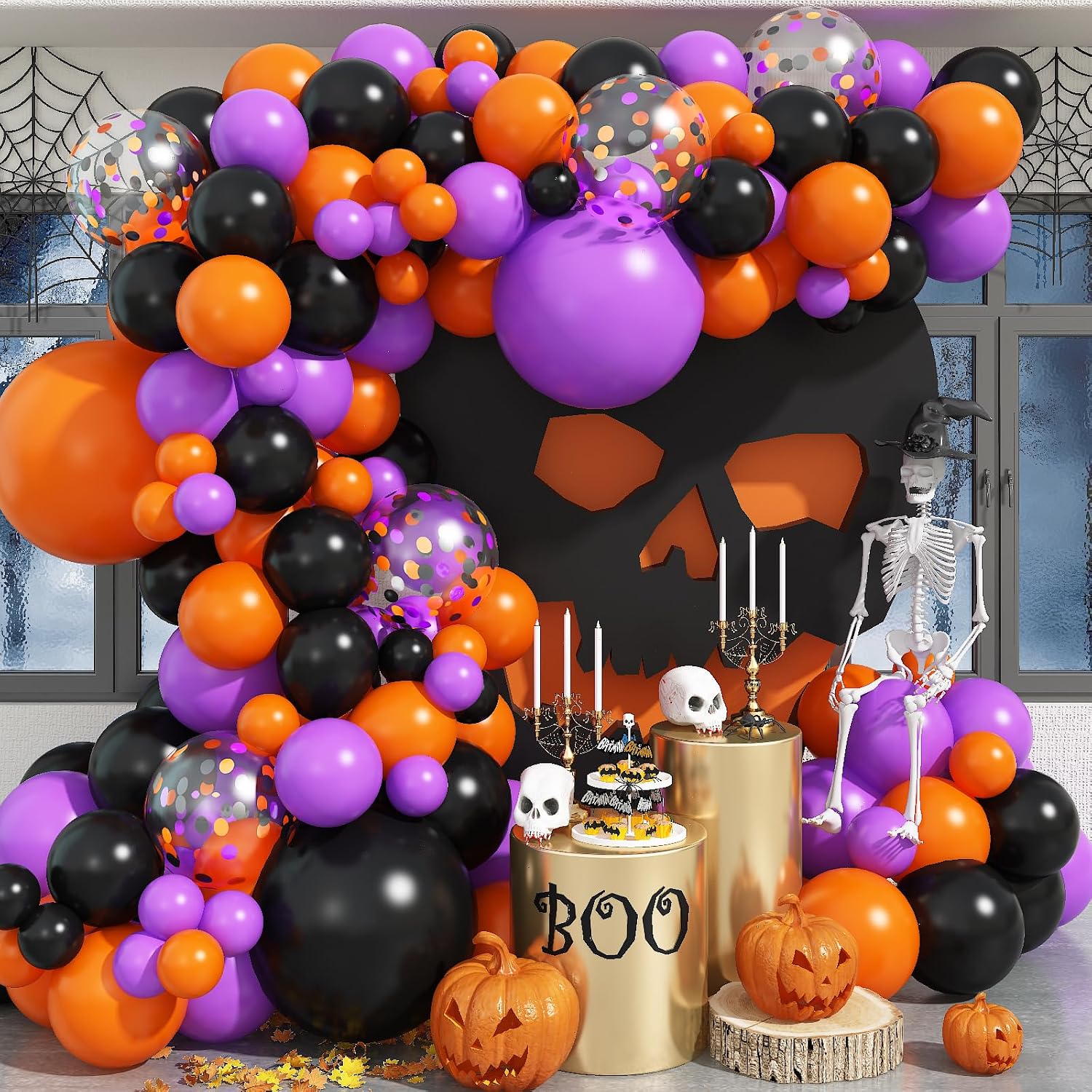 Balloon Arch Kit - ชุดตกแต่งซุ้มลูกโป่งฮาโลวีน Jobkoo สีดำ สีม่วง สีส้ม พร้อมลูกโป่งคอนเฟตติ