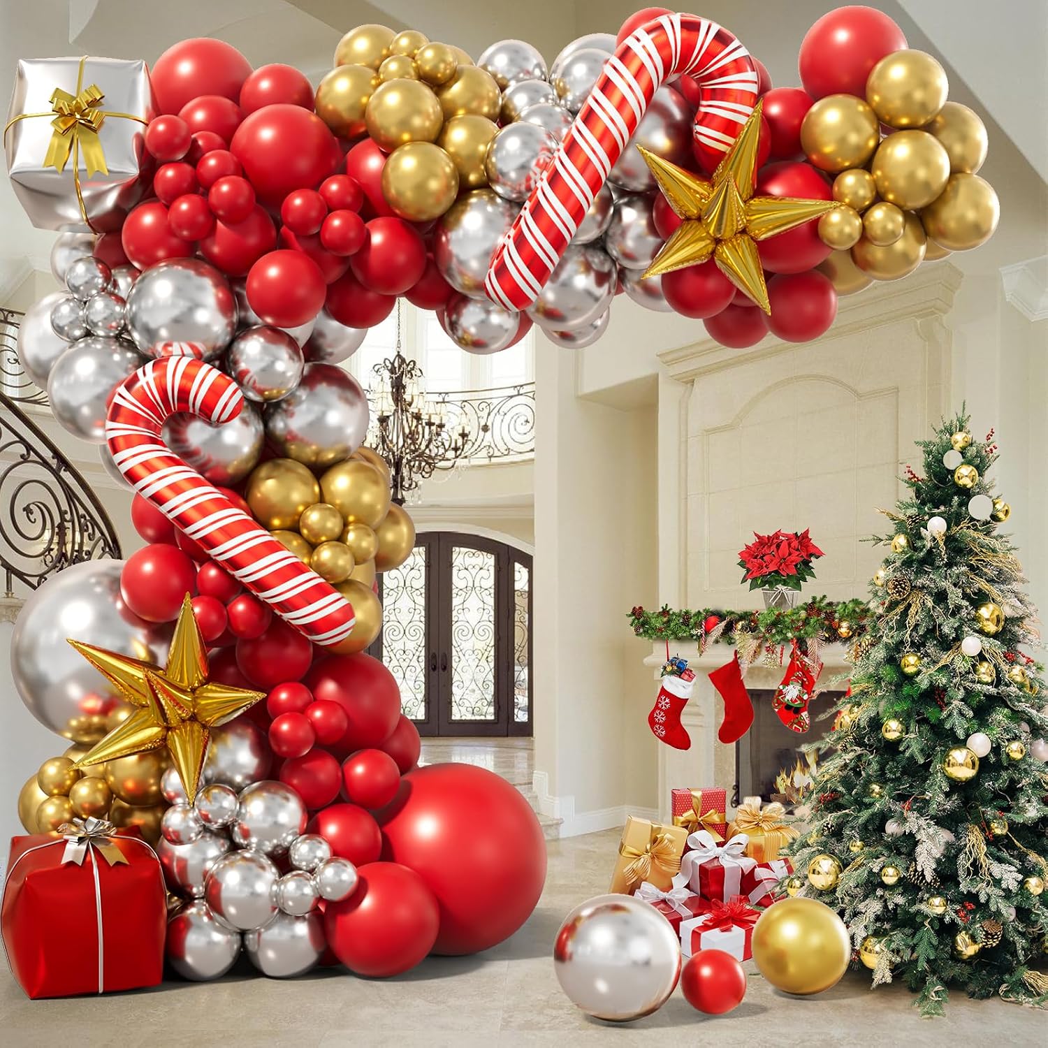 Balloon Arch Kit - ชุดตกแต่งซุ้มลูกโป่งคริสต์มาส - ลูกโป่งสีแดง ทอง เงิน ลายลูกกวาด