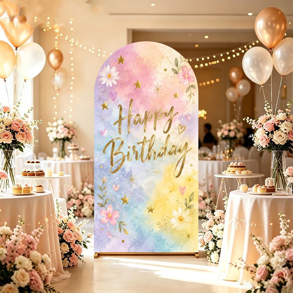 Dessert Table Backdrop - ฉากหลังวันเกิดธีมสีน้ำลายดอกไม้พิมพ์สองด้าน ฉากหลังโต๊ะขนมวันเกิดสีรุ้งสดใส ผ้าคลุมซุ้ม