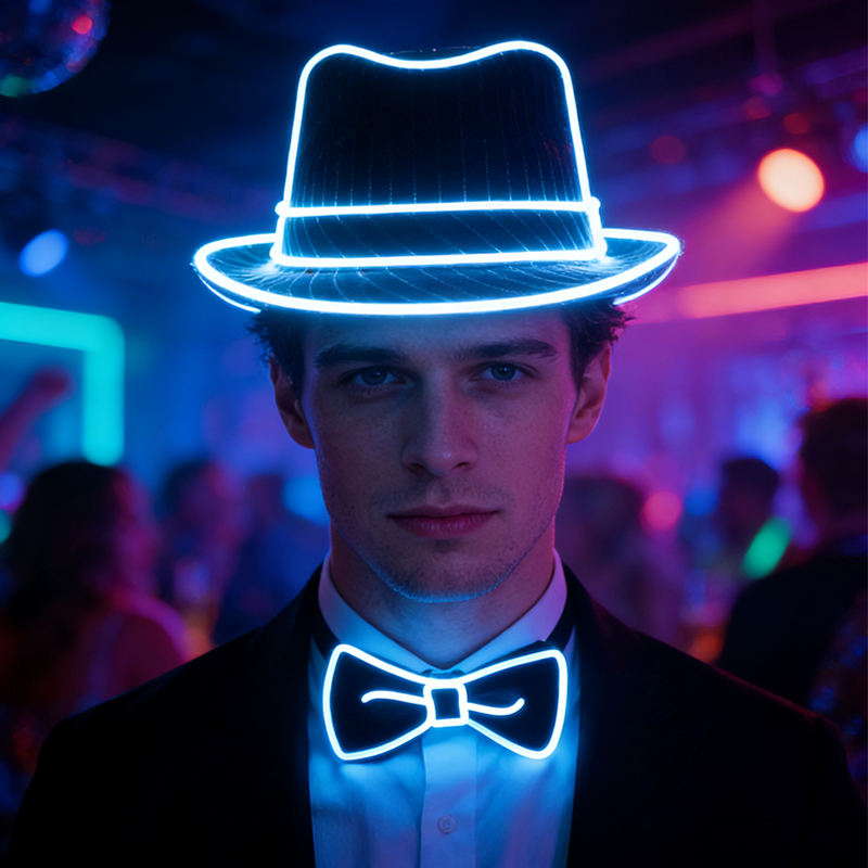 Event Party Dj - ของขวัญสำหรับผู้ชายสายไฟนีออนเอลหมวกฟีดอร์เรืองแสงไฟ LED ประดับคอเนคไทผู้ชายสำหรับปาร์ตี้งานแต่งงานอุปกรณ์ตกแต่งเวที DJ บาร์คลับ